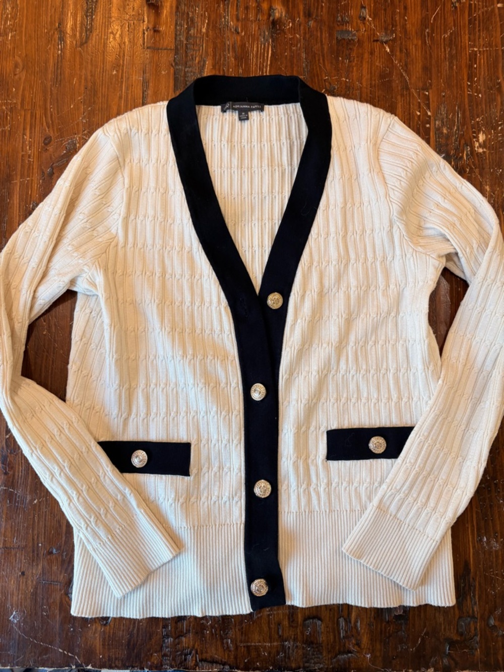 Adrianna Papell Cream Cable Knit Cardigan with Black Trim size medium